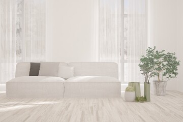 White living room with sofa. Scandinavian interior design. 3D illustration