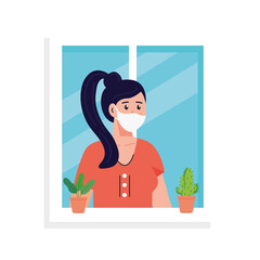 woman cartoon with mask at window with plants design of medical care and covid 19 virus theme Vector illustration
