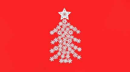 Festive Xmas minimal background with holiday symbol - Christmas tree laid out from white snowflakes on bright red backdrop. Christmas decorations, greeting card or invitation. Flat lay, copy space.