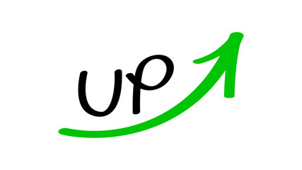 up and rising arrow handwritten, arrow green pointing up with free hand write for presentation idea, scribble up and rising arrow for business finance graph concept