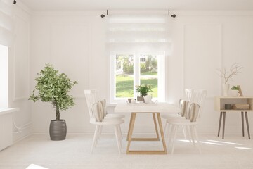 White stylish minimalist kitchen. Scandinavian interior design. 3D illustration