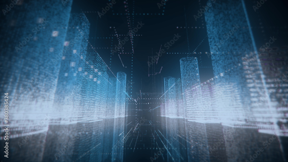 Poster flying through neon digital model of abstract modern city made of numbers and grids in blue and whit