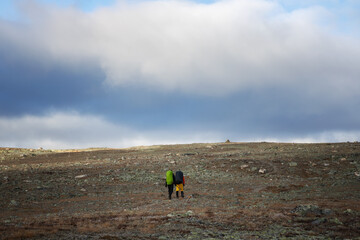 Two person on path in the Kasivarsi Wilderness Area in golden autumn in Lapland. Hiking, travel concept.