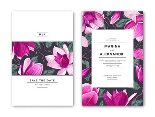 Template for wedding invitation, greeting card, social media post for online shopping or banners and posters in offline stores. Pink magnolias in realistic style, branches, leaves of spring flowers.