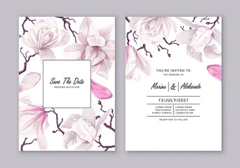 Floral design wedding invitation template, white magnolia flowers. Template design with detailed, vector, realistic spring flowers. Save the date card. Can be used to decorate social media posts