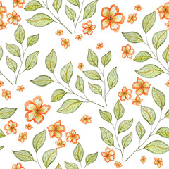 Watercolor seamless pattern. Floral pattern in orange and green tones on a white background. Can be used as romantic background for wedding invitations, greeting postcards, prints, textile design,