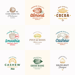 Premium Quality Nuts, Cocoa and Coconuts Vector Signs or Logo Templates Collection. Hand Drawn Almond, Cashew, Pistachio, Hazelnut and Beans Sketches with Typography. Food Emblems Bundle.