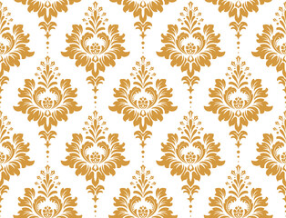 Wallpaper in the style of Baroque. Seamless vector background. White and gold floral ornament. Graphic pattern for fabric, wallpaper, packaging. Ornate Damask flower ornament