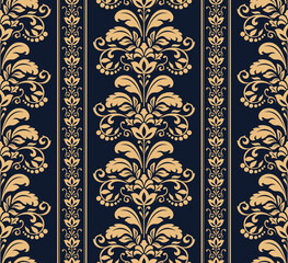 Floral pattern. Vintage wallpaper in the Baroque style. Seamless vector background. Dark blue and gold ornament for fabric, wallpaper, packaging. Ornate Damask flower ornament