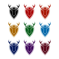 Deer head with antlers on shield icon, color set