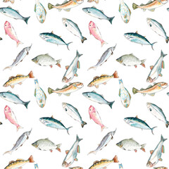 Watercolor hand drawn sketch illustration seamless pattern background with fish Seabass, Tuna, Red mullet, Carp, Pike perch, Parrot fish, Sturgeon, Salmon, Cod, Silver carp with lettering isolated