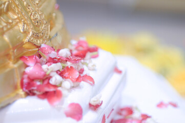 The hands of the young woman bathing the Buddha on Songkran Day.