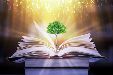 Education concept with tree of knowledge planting on opening big book and blurred bookshelf...