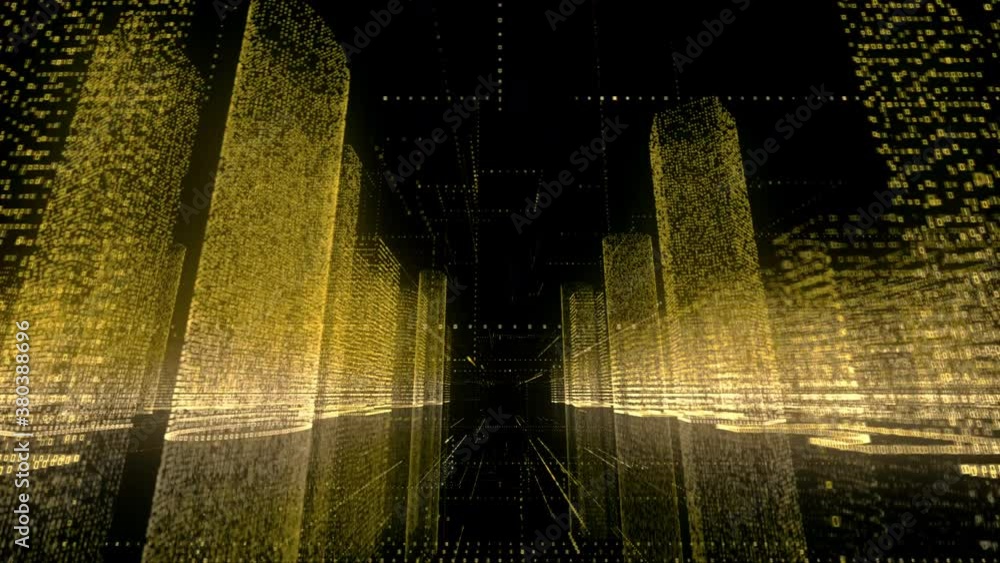 Poster camera motion in black cyberspace through the big data digital city consists of yellow and white col
