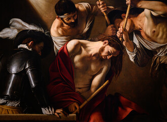 The Crowning with Thorns (c. 1603) by Michelangelo Merisi da Caravaggio (1571–1610). Kunsthistorisches Museum (Art History Museum) in Vienna. - obrazy, fototapety, plakaty