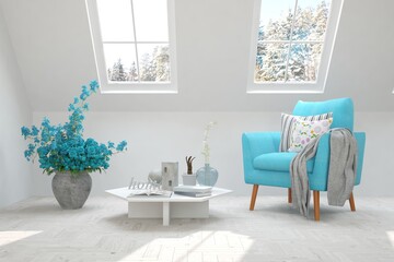 White living room with armchair. Scandinavian interior design. 3D illustration