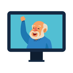 old man with hand up in desktop active senior character