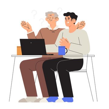 Son, grandson help or teach his dad or drandfather to work with computer or laptop. Senior people study or have problems with new technology. Old people assistance in distant work or online shopping.
