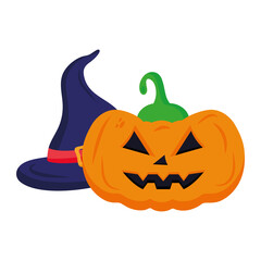 halloween pumpkin cartoon with witch hat design, happy holiday and scary theme Vector illustration
