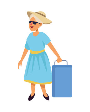 old tourist woman wearing hat and sunglasses with suitcase