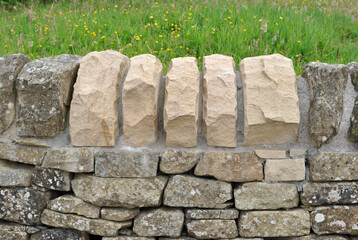 Newly Replaced Coping Stones on Old Dry Stone Wall 