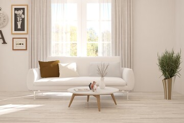 White living room with sofa. Scandinavian interior design. 3D illustration
