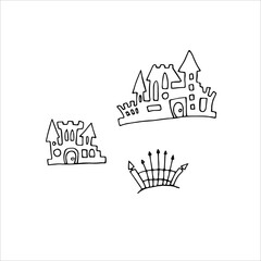 Fototapeta premium Doodle vector castles set. Hand drawn houses isolated on white background. Outline towers for children's prints, Halloween, clothing. Cartoon castle with windows, fence, doors, fence illustration