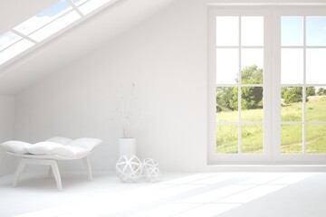 Mock up of stylish room in white color with armchair and green landscape in window. Scandinavian interior design. 3D illustration