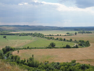 Fototapeta premium Steppe landscape. Lonely green plants .The steppe is woodless. Ravine in the steppe. Aerial photo