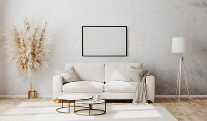 Empty picture frame in bright contemporary living room mockup with decorative plaster wall and wooden floor, white sofa, floor lamp and coffee table, living room interior background, 3d rendering