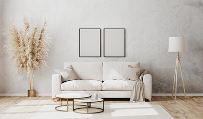 Empty poster frames in bright contemporary living room mockup with decorative plaster wall and wooden floor, white sofa, floor lamp and coffee table, living room interior background, 3d rendering