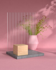 3d rendering of wood podium and Plant.