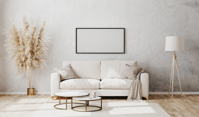 Empty picture frame in bright contemporary living room mockup with decorative plaster wall and wooden floor, white sofa, floor lamp and coffee table, living room interior background, 3d rendering