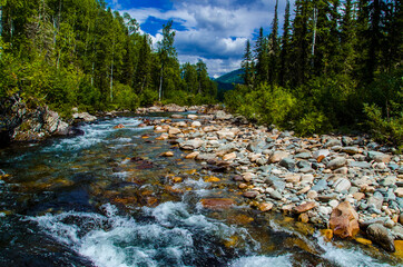 in summer rocky mountain river water silk. mountain river