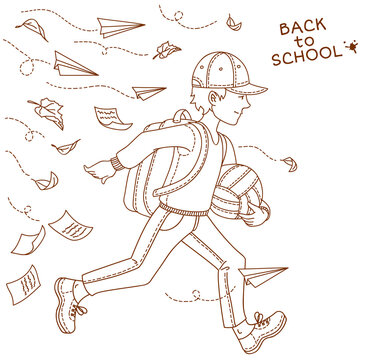 Boy go to school line art on white background. Vector illustration. Autumn leaves.