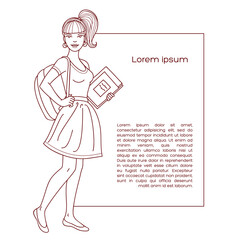 Young beautiful woman with books and bag. Student girl with fair hair in ponytail. College undergraduate. Vector illustration.