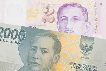 A macro image of a grey two thousand Indonesian rupiah bank note paired up with a purple and white, plastic two dollar bill from Singapore.  Shot close up in macro.