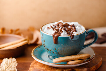 Close-up of hot chocolate with marshmallows on the table. Autumn or winter cozy still life.
