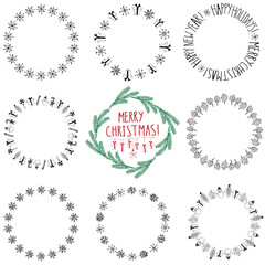 Hand drawn christmas doodle round frames and pattern brushes