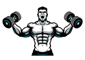 Fototapeta na wymiar muscular bodybuilder with dumbbells, cartoon, logo, character