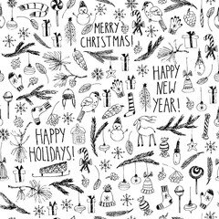 Christmas and new year doodle seamless pattern on red background.