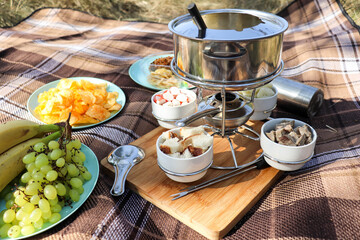 Set for fondue in picnic. picnic with cheese fondue