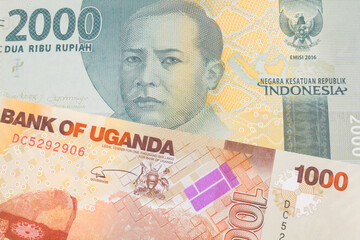 A macro image of a grey two thousand Indonesian rupiah bank note paired up with a orange and white...