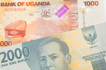 A macro image of a grey two thousand Indonesian rupiah bank note paired up with a orange and white...