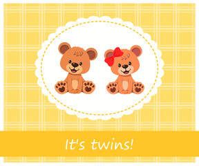 Greeting card It's twins with teddy bear babies in frame