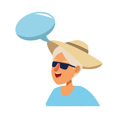 old tourist woman wearing hat and sunglasses with speech bubble