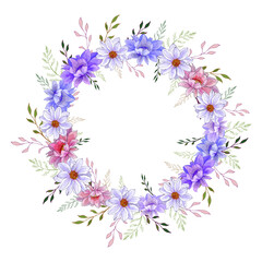 Fototapeta na wymiar Wreath of multi-colored flowers Dahlias and leaves on white background. For your design, wedding stationary, fashion, invitation template, greeting card, saving the date card. Vector.