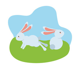 cute little rabbits easter animals seated and jumping in the camp scene