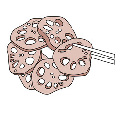 Lotus root vector stock illustration. In a simple Doodle style. The Food Of Asia. Korean, Japanese cuisine. Menu. Nucifera. Poster for the interior. Isolated on a white background.  