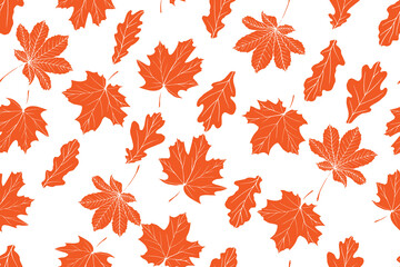 Vector seamless pattern with maple, oak, chestnut leaves. Autumn orange color leaves. Monochrome background for wrapping paper, fashion, textile, wallpapers, greetings, web pages, autumnal sale.